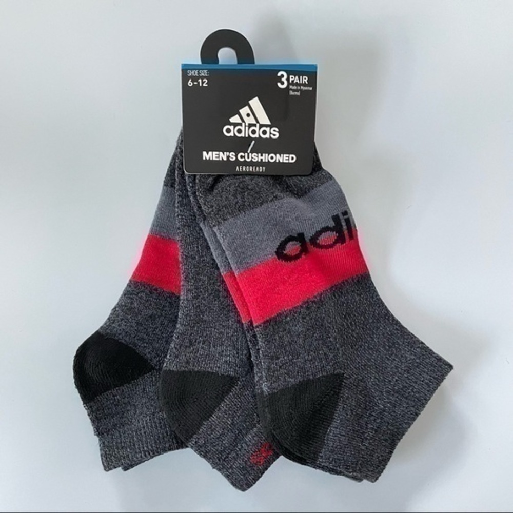 Adidas men’s low cut socks 3 pack size 6-12 gray black red
